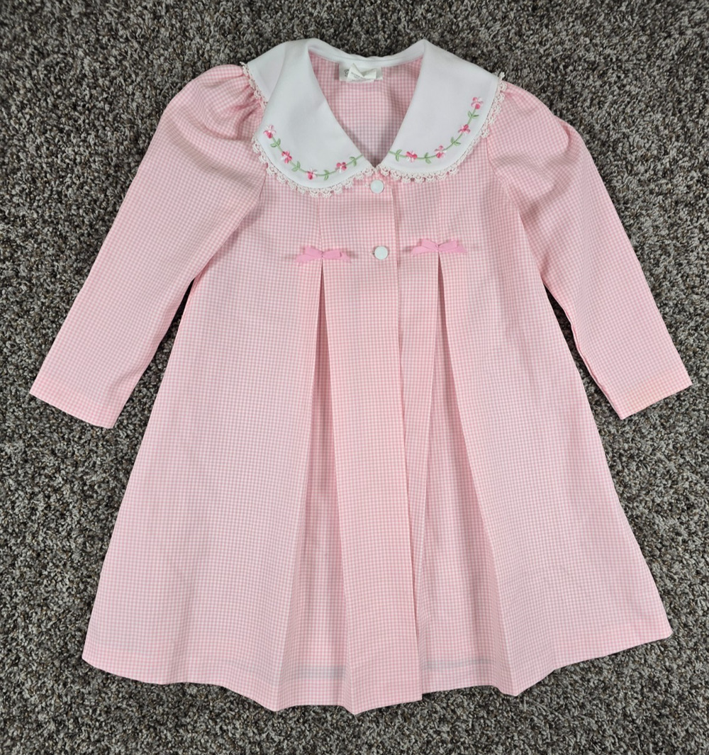 Bonnie Jean Girls Sz 6 Overcoat Jacket Formal Pink White Gingham Embroidered
